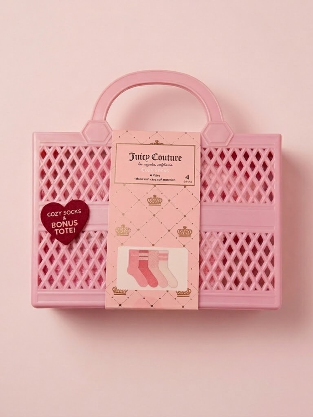 NWT Juicy Couture 4 Cozy Socks Set w/ Pink Tote